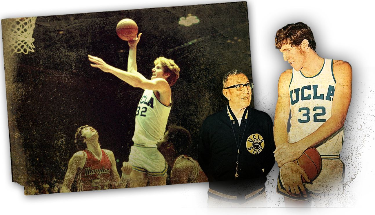 Coach next to young Bill Walton, Photo of Bill Walton dunking a ball